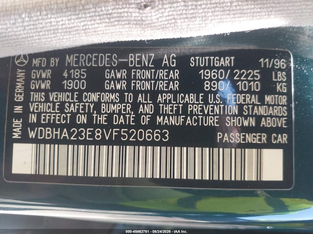 45462761 :رقم المزاد ، WDBHA23E8VF520663 vin ، 1997 Mercedes-benz C 230 مزاد بيع