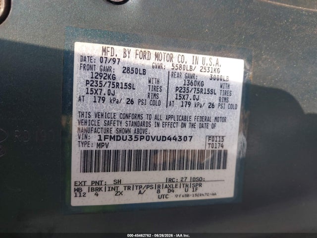 45462762 :رقم المزاد ، 1FMDU35P0VUD44307 vin ، 1997 Ford Explorer Eddie Bauer/limited/xlt مزاد بيع