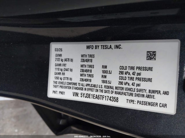 Aukcja sprzedaży 2026 Tesla Model 3 Premium Rear-wheel Drive/rear-wheel Drive, vin: 5YJ3E1EA6TF174358, numer aukcji: 45462777