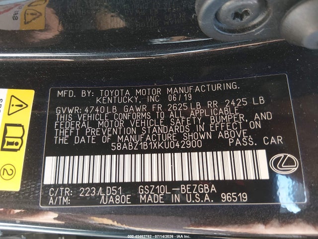 45462782 :رقم المزاد ، 58ABZ1B1XKU042900 vin ، 2019 Lexus Es 350 مزاد بيع
