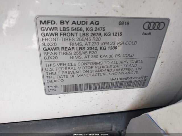 2018 Audi Q5 2.0t Premium/2.0t Tech Premium მანქანა იყიდება აუქციონზე, vin: WA1BNAFY8J2234366, აუქციონის ნომერი: 45462783