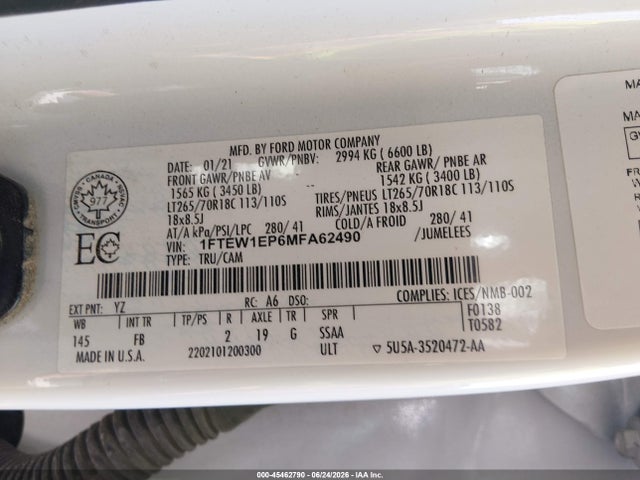 1FTEW1EP6MFA62490 Ford F-150 Lariat/xl/xlt