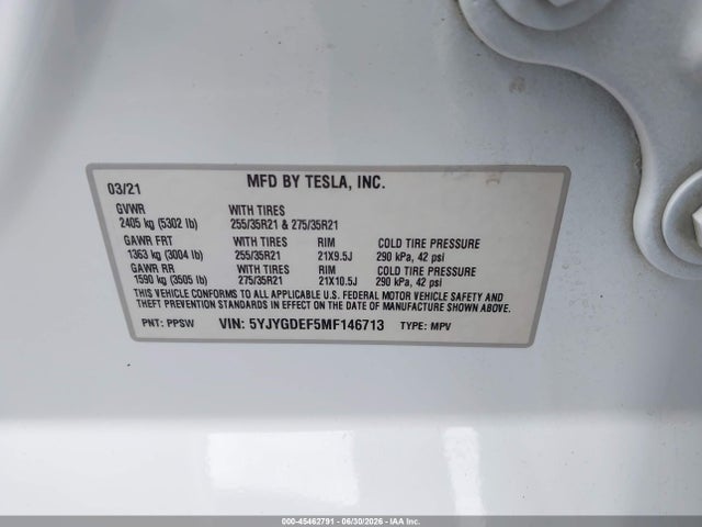 Продаж на аукціоні авто 2021 Tesla Model Y Performance Dual Motor All-wheel Drive, vin: 5YJYGDEF5MF146713, номер лоту: 45462791