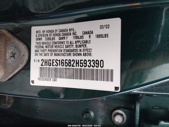 Продажа на аукционе авто 2002 Honda Civic Lx, vin: 2HGES16582H593390, номер лота: 45462798