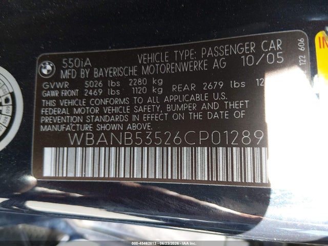 Продаж на аукціоні авто 2006 Bmw 550i, vin: WBANB53526CP01289, номер лоту: 45462813