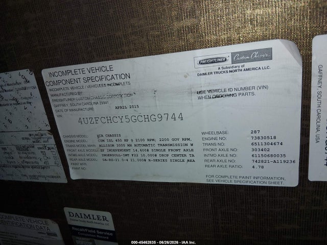 2016 Freightliner Chassis Xc მანქანა იყიდება აუქციონზე, vin: 4UZFCHCY5GCHG9744, აუქციონის ნომერი: 45462835