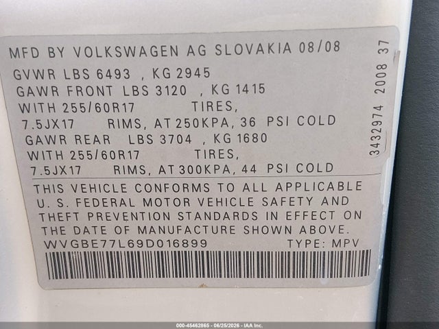 Aukcja sprzedaży 2009 Volkswagen Touareg 2 Vr6 Fsi, vin: WVGBE77L69D016899, numer aukcji: 45462865