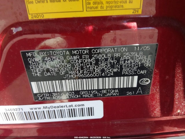 Aukcja sprzedaży 2006 Lexus Gs 300, vin: JTHCH96S660014124, numer aukcji: 45462884
