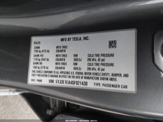 5YJ3E1EA4SF021430 Tesla Model 3 Long Range Rear-wheel Drive/standard Rear-wheel Drive