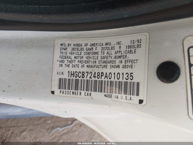 Продажа на аукционе авто 1993 Honda Accord Dx, vin: 1HGCB7248PA010135, номер лота: 45462934