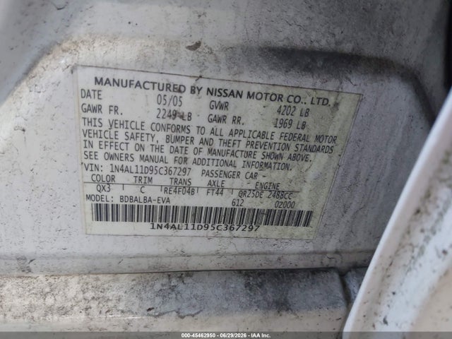 Продаж на аукціоні авто 2005 Nissan Altima 2.5 S, vin: 1N4AL11D95C367297, номер лоту: 45462950