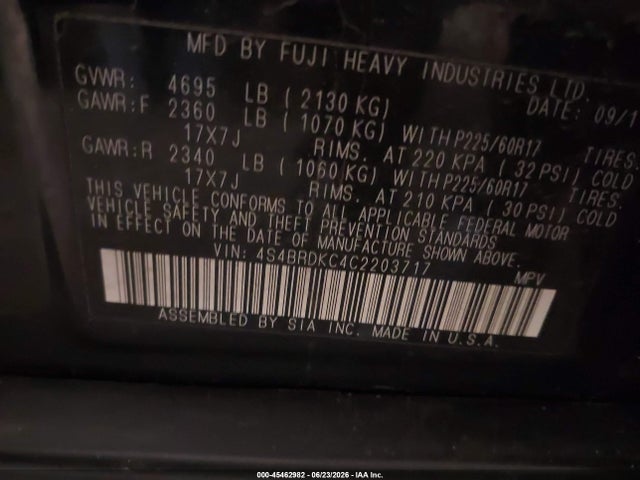 Aukcja sprzedaży 2012 Subaru Outback 3.6r Limited, vin: 4S4BRDKC4C2203717, numer aukcji: 45462982