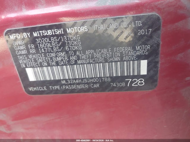 Aukcja sprzedaży 2018 Mitsubishi Mirage Se, vin: ML32A4HJ5JH001788, numer aukcji: 45462991