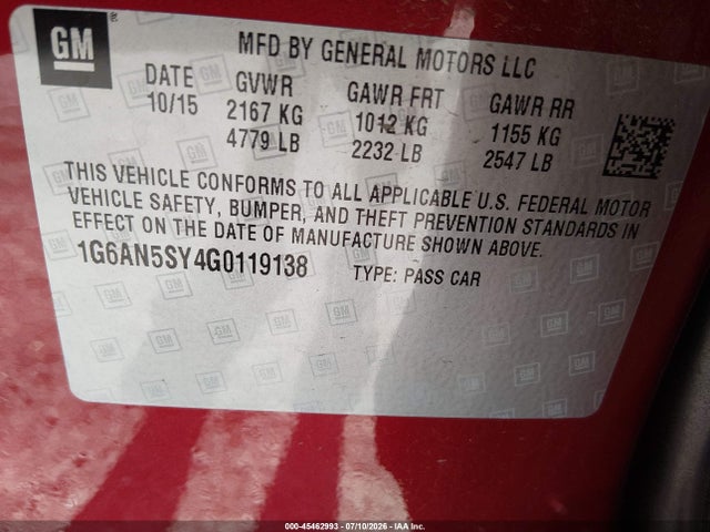 Aukcja sprzedaży 2016 Cadillac Ats-v, vin: 1G6AN5SY4G0119138, numer aukcji: 45462993