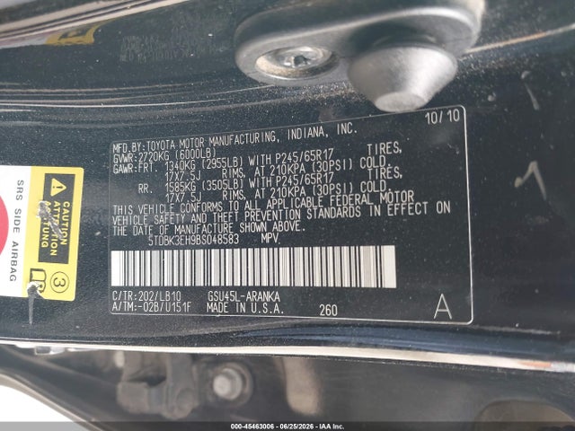 Aukcja sprzedaży 2011 Toyota Highlander Se V6, vin: 5TDBK3EH9BS048583, numer aukcji: 45463006