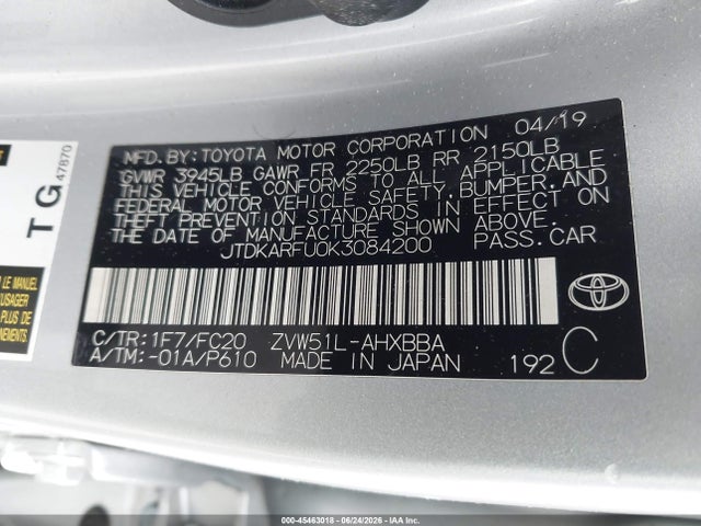 Toyota Prius L Eco 2019 JTDKARFU0K3084200 Image 9