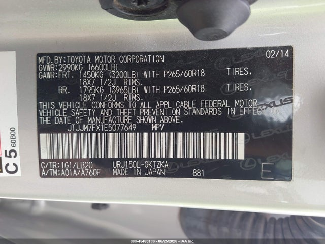 Aukcja sprzedaży 2014 Lexus Gx 460 Luxury, vin: JTJJM7FX1E5077649, numer aukcji: 45463100