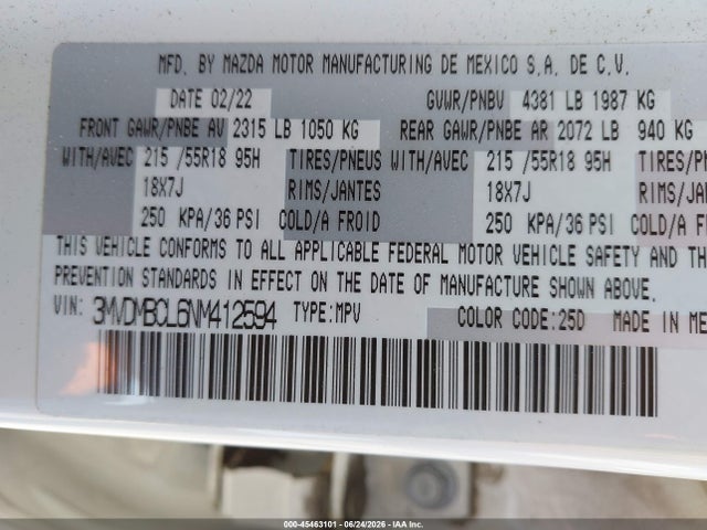 45463101 :رقم المزاد ، 3MVDMBCL6NM412594 vin ، 2022 Mazda Cx-30 Preferred مزاد بيع