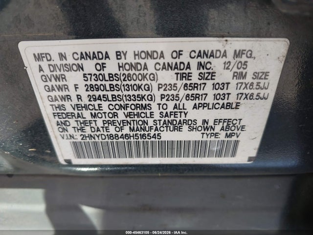 45463105 :رقم المزاد ، 2HNYD18846H516545 vin ، 2006 Acura Mdx مزاد بيع