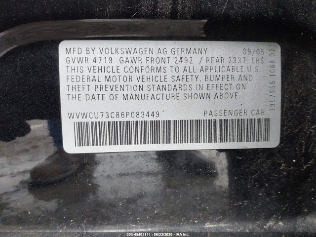 Aukcja sprzedaży 2006 Volkswagen Passat 3.6, vin: WVWCU73C86P083449, numer aukcji: 45463111