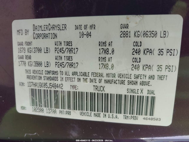 Auction sale of the 2005 Dodge Ram 1500 St, vin: 1D7HA16K05J548442, lot number: 45463115