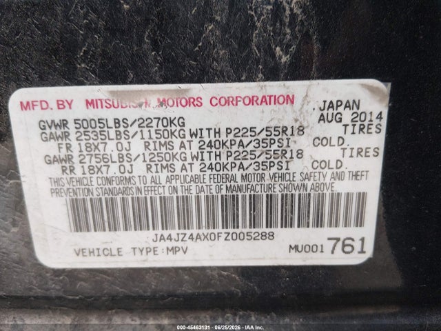 Aukcja sprzedaży 2015 Mitsubishi Outlander Gt, vin: JA4JZ4AX0FZ005288, numer aukcji: 45463131