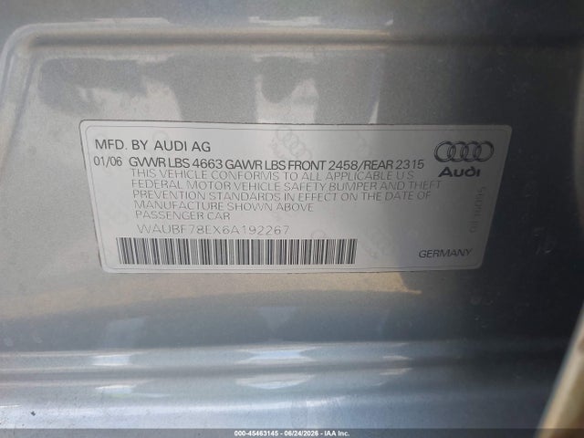 2006 Audi A4 2.0t მანქანა იყიდება აუქციონზე, vin: WAUBF78EX6A192267, აუქციონის ნომერი: 45463145