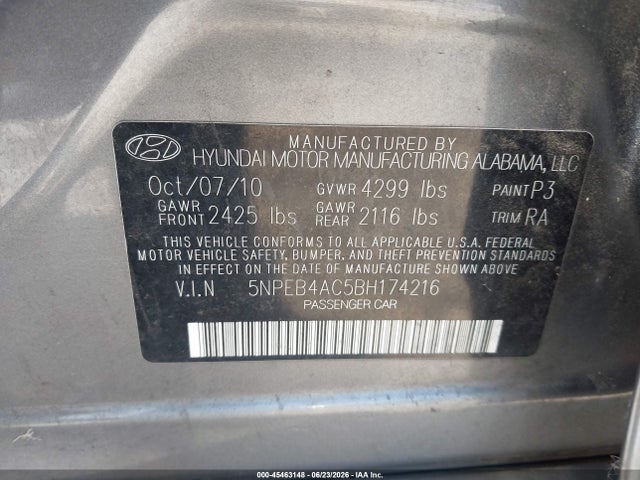 Продаж на аукціоні авто 2011 Hyundai Sonata Gls, vin: 5NPEB4AC5BH174216, номер лоту: 45463148