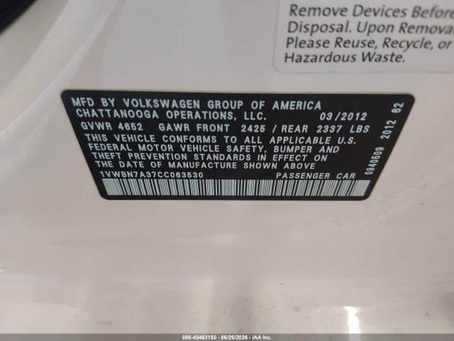 2012 Volkswagen Passat 2.0l Tdi Se მანქანა იყიდება აუქციონზე, vin: 1VWBN7A37CC063530, აუქციონის ნომერი: 45463150