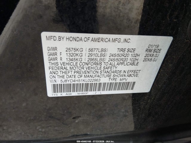 45463168 :رقم المزاد ، 5J8YD4H51KL022963 vin ، 2019 Acura Mdx Tech Pkg مزاد بيع