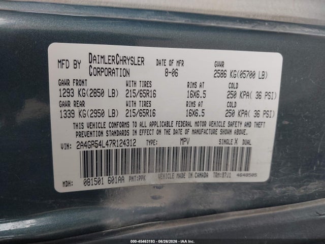 45463193 :رقم المزاد ، 2A4GP54L47R124312 vin ، 2007 Chrysler Town & Country Touring مزاد بيع