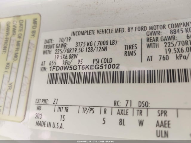 Продаж на аукціоні авто 2019 Ford F-550 Chassis Lariat/xl/xlt, vin: 1FD0W5GT6KEG51002, номер лоту: 45463211