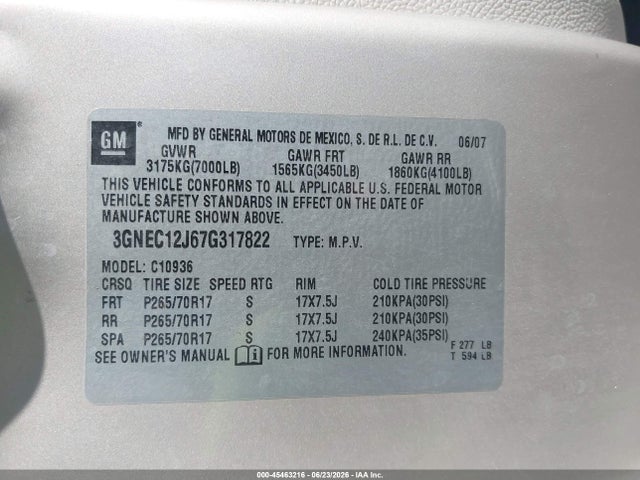 Продажа на аукционе авто 2007 Chevrolet Avalanche 1500 Lt, vin: 3GNEC12J67G317822, номер лота: 45463216