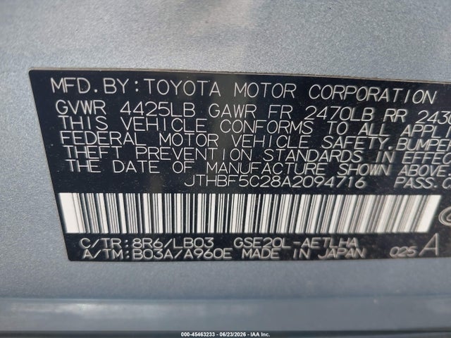 Aukcja sprzedaży 2010 Lexus Is 250, vin: JTHBF5C28A2094716, numer aukcji: 45463233