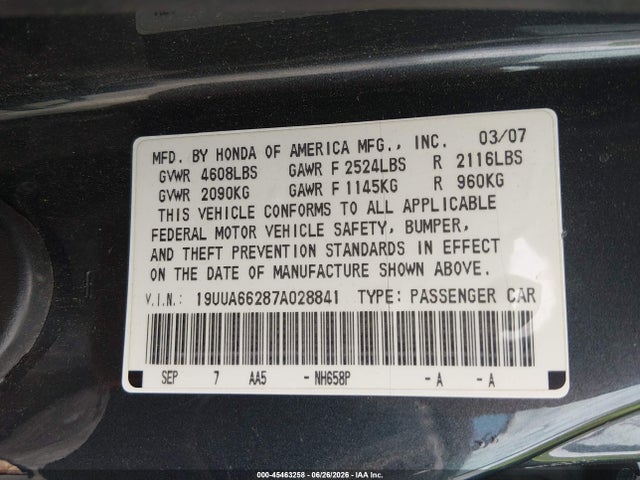 Aukcja sprzedaży 2007 Acura Tl 3.2, vin: 19UUA66287A028841, numer aukcji: 45463258