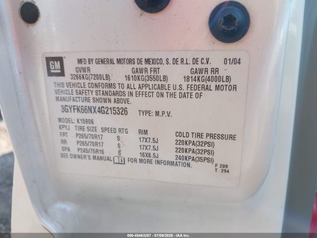 45463287 :رقم المزاد ، 3GYFK66NX4G215326 vin ، 2004 Cadillac Escalade Esv Standard مزاد بيع