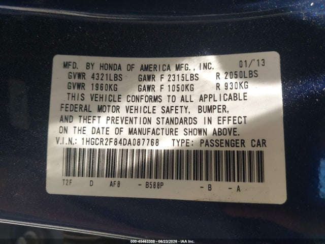 2013 Honda Accord Ex-l მანქანა იყიდება აუქციონზე, vin: 1HGCR2F84DA087768, აუქციონის ნომერი: 45463308