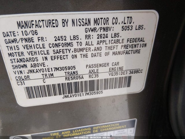 45463322 :رقم المزاد ، JNKAY01E17M305905 vin ، 2007 Infiniti M35 مزاد بيع