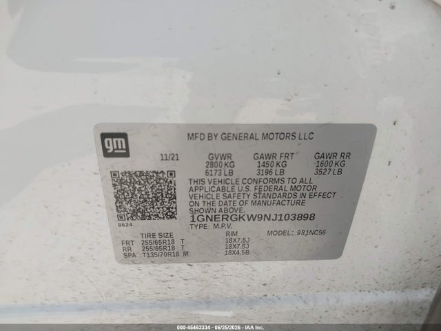 1GNERGKW9NJ103898 Chevrolet Traverse Fwd Lt Cloth