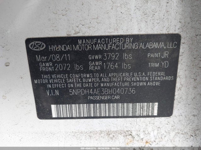 Aukcja sprzedaży 2011 Hyundai Elantra Gls, vin: 5NPDH4AE3BH040736, numer aukcji: 45463376