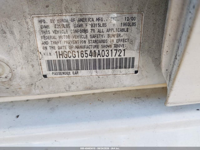 2001 Honda Accord 3.0 Ex მანქანა იყიდება აუქციონზე, vin: 1HGCG16541A031721, აუქციონის ნომერი: 45463410