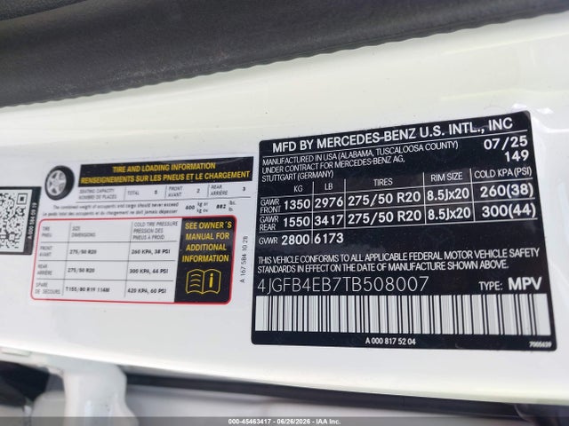Aukcja sprzedaży 2026 Mercedes-benz Gle 350, vin: 4JGFB4EB7TB508007, numer aukcji: 45463417