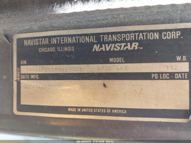 45463420 :رقم المزاد ، 1HTSCPEN1NH459806 vin ، 1992 International 4000 4700 مزاد بيع