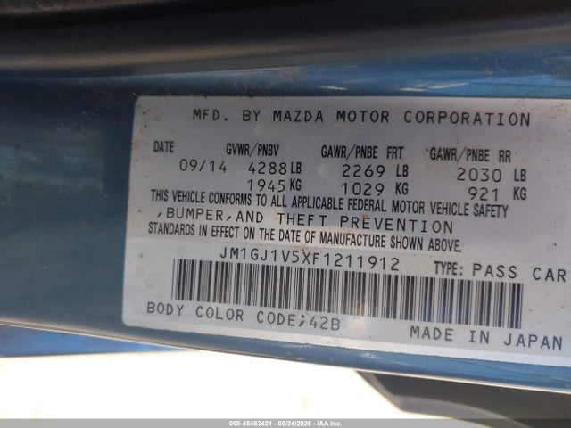 Aukcja sprzedaży 2015 Mazda Mazda6 I Touring, vin: JM1GJ1V5XF1211912, numer aukcji: 45463421