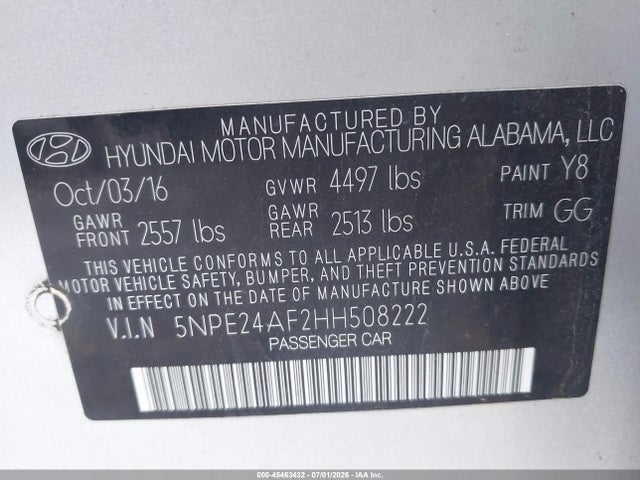 45463432 :رقم المزاد ، 5NPE24AF2HH508222 vin ، 2017 Hyundai Sonata مزاد بيع