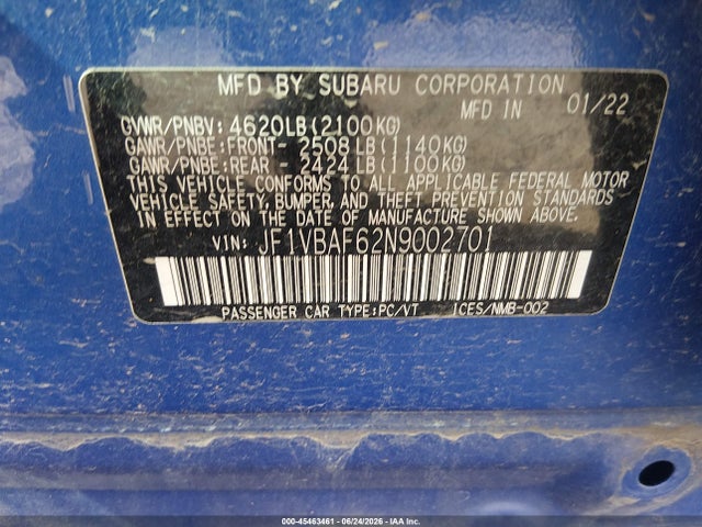 Продажа на аукционе авто 2022 Subaru Wrx Premium, vin: JF1VBAF62N9002701, номер лота: 45463461