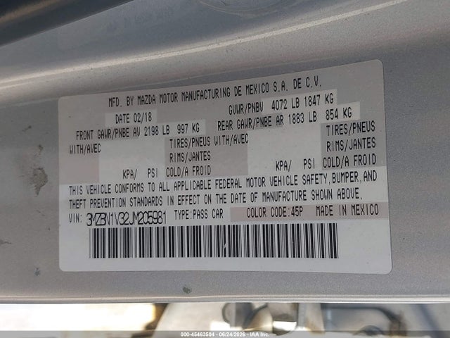 2018 Mazda Mazda3 Touring მანქანა იყიდება აუქციონზე, vin: 3MZBN1V32JM205981, აუქციონის ნომერი: 45463504