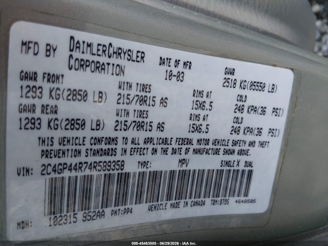 45463505 :رقم المزاد ، 2C4GP44R74R589358 vin ، 2004 Chrysler Town & Country Lx مزاد بيع