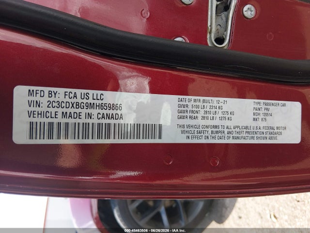2021 Dodge Charger Sxt Rwd მანქანა იყიდება აუქციონზე, vin: 2C3CDXBG9MH659866, აუქციონის ნომერი: 45463506