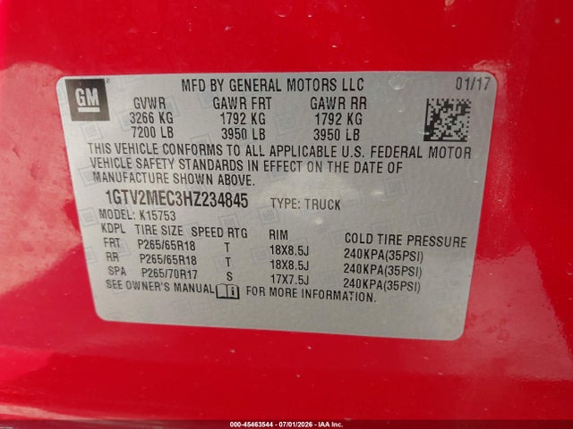 Продаж на аукціоні авто 2017 Gmc Sierra 1500 Sle, vin: 1GTV2MEC3HZ234845, номер лоту: 45463544